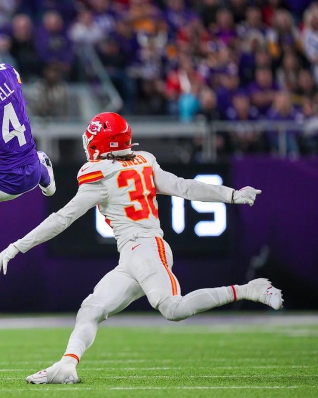 Oct 8, 2023; Minneapolis, Minnesota, USA; Minnesota Vikings wide receiver Brandon Powell (4) catches a pass against the Kansas City Chiefs cornerback L'Jarius Sneed (38) in the fourth quarter at U.S. Bank Stadium.